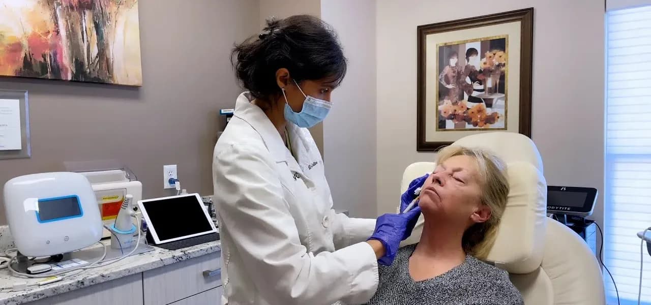 Dr. Shalini Gupta treating a patient in a treatment room at The Dermatology, Laser & Vein Center